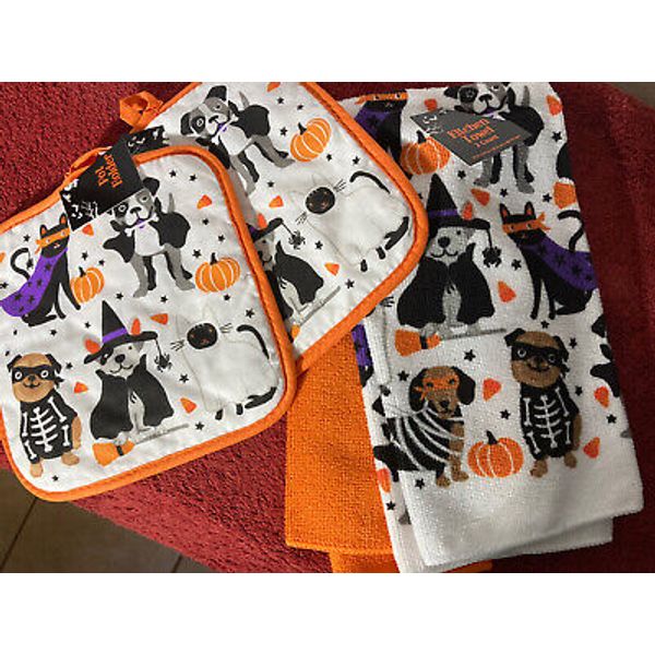 halloween kitchen towels Dog Cats Costume W/pot Holders