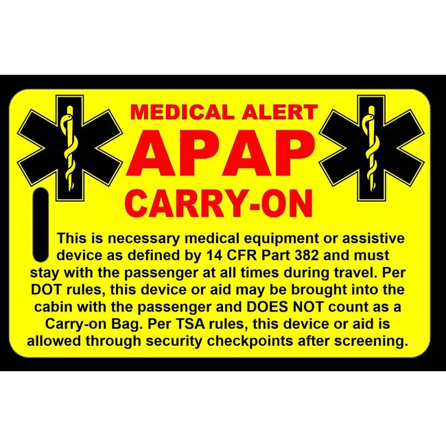 Safety Yellow Carry-On APAP  Bag Tag - TSA - Sleep Apnea