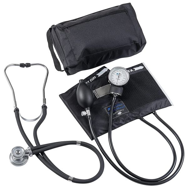 MABIS MatchMates Aneroid Sphygmomanometer and 31" Sprague Rappaport Stethoscope Combination Manual Blood Pressure Kit with Calibrated Nylon Cuff and Oversized Carrying Case, Adult Black