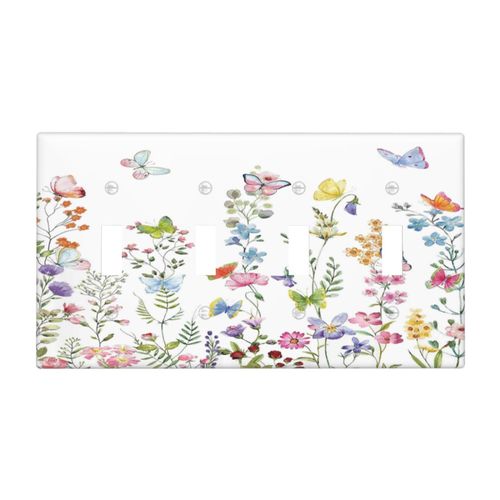 Boho Butterfly Wild Flower Floral Garden Quad Toggle Light Switch Covers Decorative unique 4 Gang Wall Plate Electrical Faceplate Switchplate for Kitchen Bedroom Bathroom Decor
