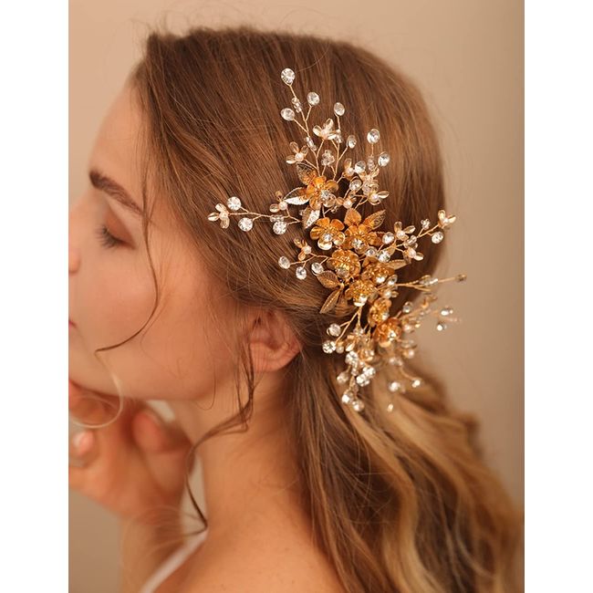 Deniferymakeup Haarkamm mit Goldblumen, Blatt, Haarteil, Kristall, Strass, Brautschmuck, Haarschmuck für Hochzeit, Frauen und Mädchen