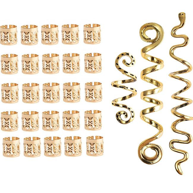 HNJUSR 28Pcs Dreadlock Schmuck Haarspiralen Clips Haar Geflecht Ringe, Verstellbar Metall Cuffs Haar Dreadlocks Zubehör Manschetten Set Für Männer Und Frauen (Gold)