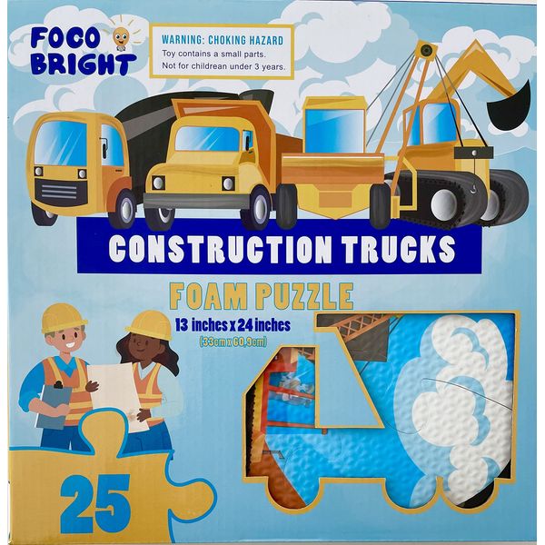 Construction Trucks Foam Puzzle -Excavator, Crane Truck, Cement Mixer, Dump Cones and Workers- Educational Truck Floor for Kids - 25 Pieces Bright! Yellow, Orange, Green Zone Kids! 13x24 inches