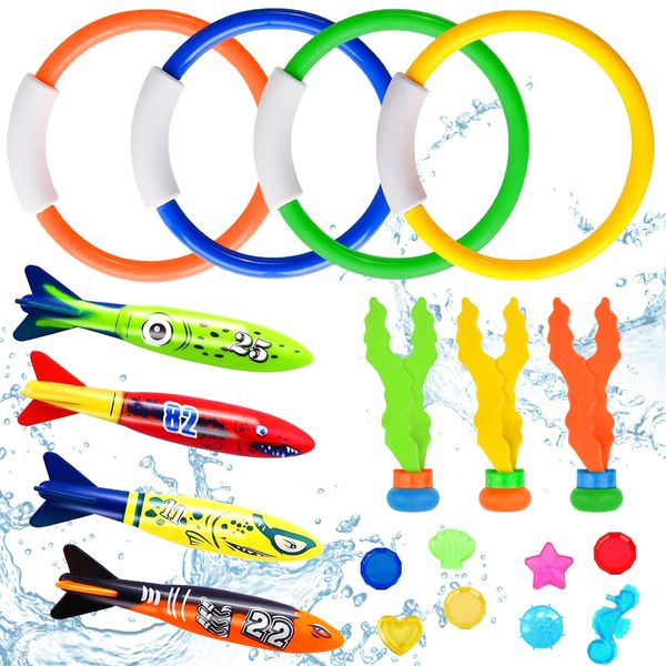 Diving Toys,19 Pcs Sinkers for Kids Swimming Pool Toys for Kids Swimming Toys-Diving Rings,Diving Torpedo,Seaweed,Gemstone Underwater Training Diving Game Toys for Kids