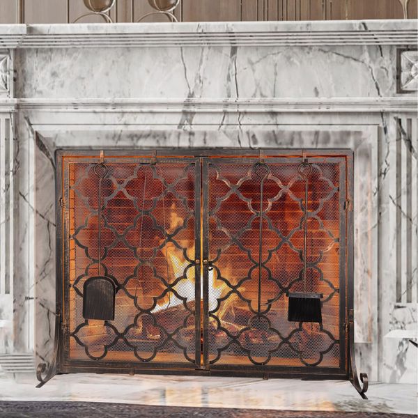 Fireplace Screen Dual-Door 39x31 inch Copper Color Scrollwork Spark Guard