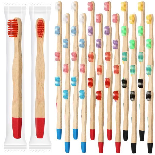 Estune 48 Pcs 5.7 Inch Kids Bamboo Toothbrushes Soft Bristle Toothbrush Individually Wrapped Toddler Toothbrush Manual Tooth Brushes for Kids Adults Home Travel Teeth Oral Supplies, 12 Colors