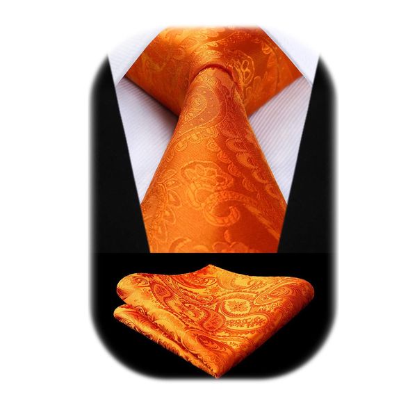 HISDERN Mens Solid Orange Paisley Wedding Tie Handkerchief Men's Necktie & Pocket Square Set For Wedding