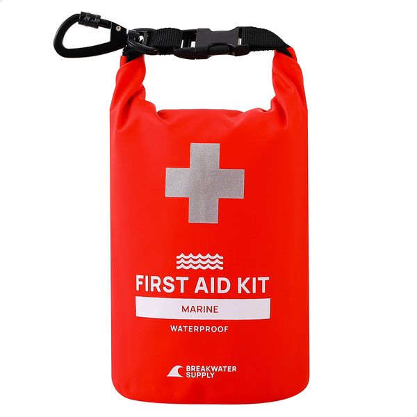 Breakwater Supply™ Waterproof Marine First Aid Kit Boat Safety Tool Kit, 100 Piece AFAK Emergency Supplies in Dry Bag, IFAK Trauma Kit for Kayaking, Jet Ski, Fishing, Surfing, Sailing, Canoeing (Red)