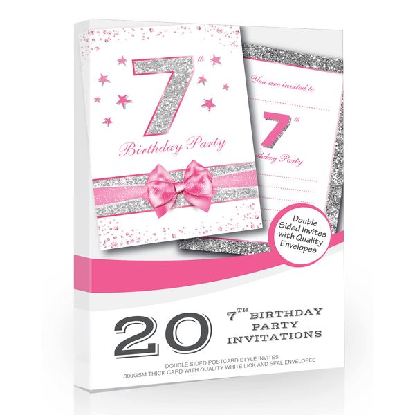 Olivia Samuel 20 x 7th Birthday Party Invitations from Pink Sparkly Design and Photo Effect Silver Glitter - A6 Postcard Size with envelopes