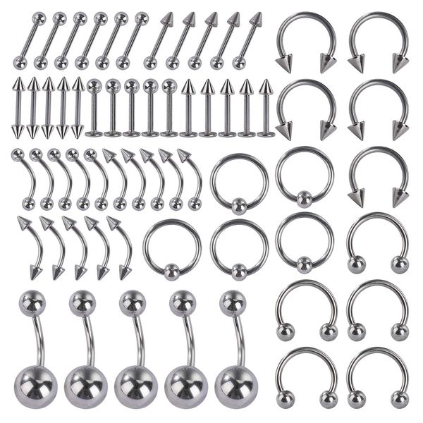 Lip Eyebrow Tongue Nose Ear Belly Hoop Rings Body Piercing Jewelry Surgical Steel Horseshoe Bar Punk 12 Styles 60 Pack