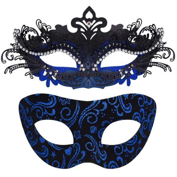 SIQUK Couple Masquerade Masks Metal Venetian Party Mask Halloween Costume Mask Mardi Gras Mask for Couples Women and Men, Inlaid Alloy Black and Blue