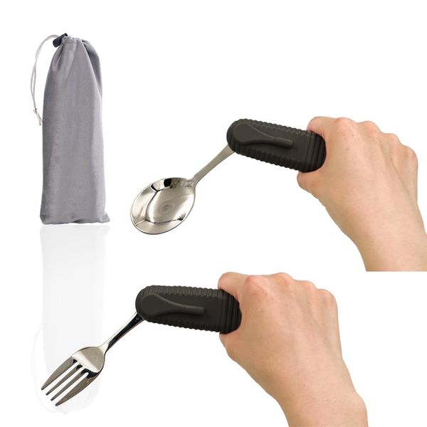 Forzaddik Adaptive Utensils Spoons Forks Set,Open Handle Design Provides Several Positions for Arthritis, Disabled People, Elderly (Black)