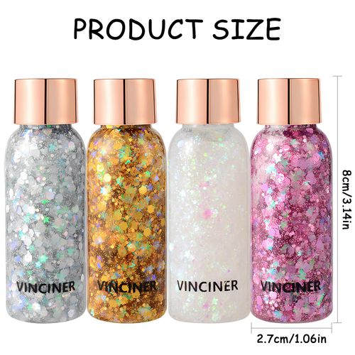 TOPJOWGA Glitter Corpo Gel, 4 Bottiglia Glitter Body Gel, Brillantini Make Up, Glitter Gel per Viso, Occhi, Labbra, Capelli,Corpo, Make-up Glitter, Glitter Body Gel per Musica Festival