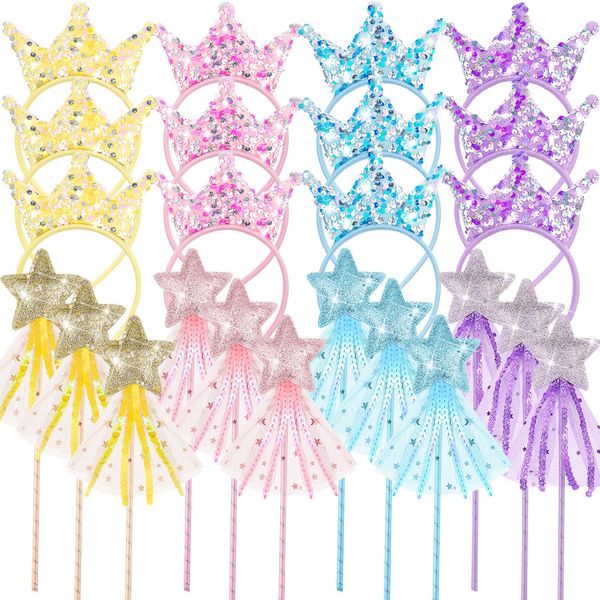 Hollowfly 12 Pcs Princess Wands Party Favors Glitter Princess Star Fairy Wand Sequin Princess Tiara Crown Headband for Girl Princess Cosplay Costume Accessories Wedding Birthday Party Gift