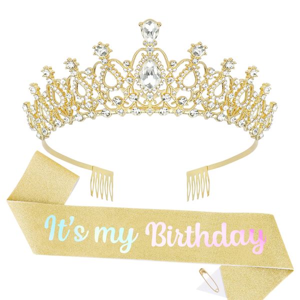 BAHABY Birthday Crown for Women, It's My Birthday Sash & Rhinestone Tiara Set Princess Birthday Sash and Tiara for Women Birthday Decorations for Women Girls- Gold