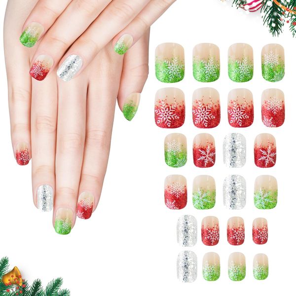 Christmas False Nails Short Square, Red Green Christmas Press on Nails, Glitter Snowflakes False Nails Removable Acrylic Full Cover Fake Nails for Women Nail Art Accessories Y9HLYSFMJ