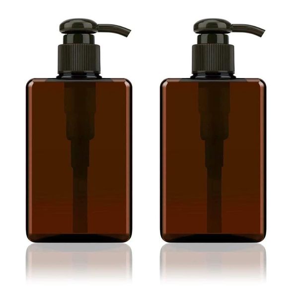 Alledomain 2PCS 280ml / 9.8oz Pump Dispenser Bottle Empty Refillable Plastic Lotion Pump Bottles, Shampoo Body Wash Shower Square Storage Holder Container Toiletries Liquid Dispenser (Brown)