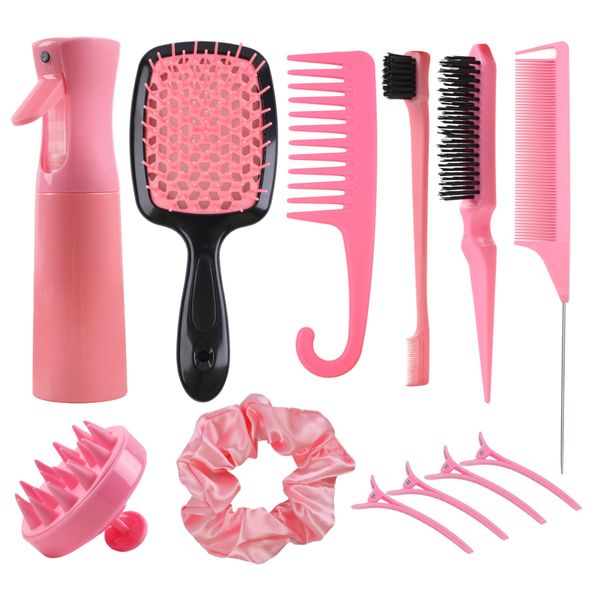 Fawyteng 12 pcs Hair Brush Set,Detangler Brush with Hair Spray Bottle Scalp massager for Wet Dry Curly Hair, Bristle Hair Brush Hair Comb for Women Girl,Hair Styling Tools (Pink)