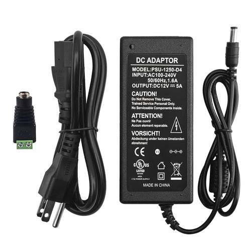 DC 12V 5A Power Supply Adapter, AC 100-240V to DC 12V Transformer, for CCTV Security Surveillance Cameras, Router, LED Strip Light, with DC Connector Terminal, UL-Listed, by CENTROPOWER