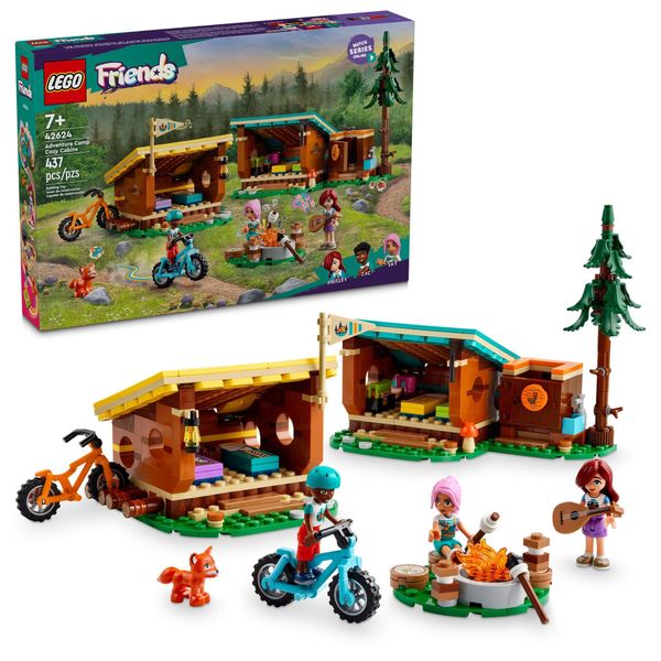 LEGO Friends Adventure Camp Cozy Cabins Camping Toy, Kids’ Nature Playset, Pretend Play Toy with 3 Mini Doll Characters and a Fox Toy Figure, Birthday Gift Idea for 7 Year Olds and Up, 42624