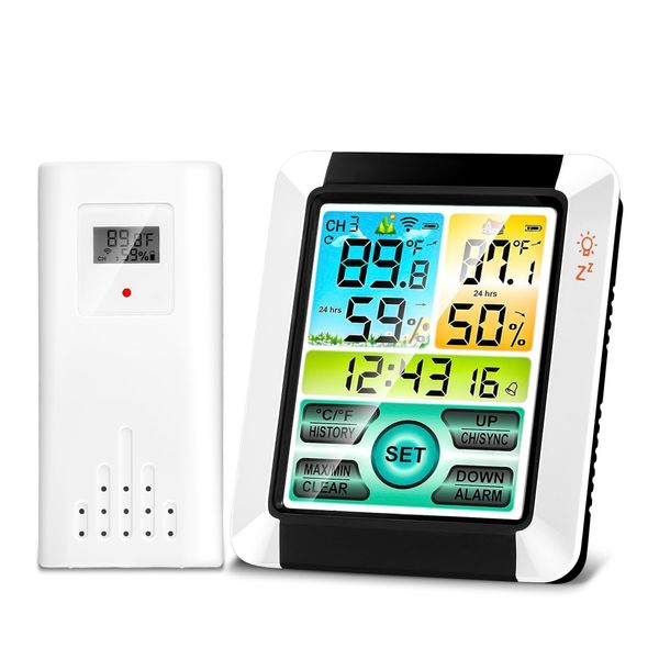 Wireless Weather Station UK, HD LCD Digital Weather Station with Outdoor Sensor, High Sensitivity Touchscreen, Temperature, Humidity, Alarm Clock for Home Office Garden Farm (With Memory Function)