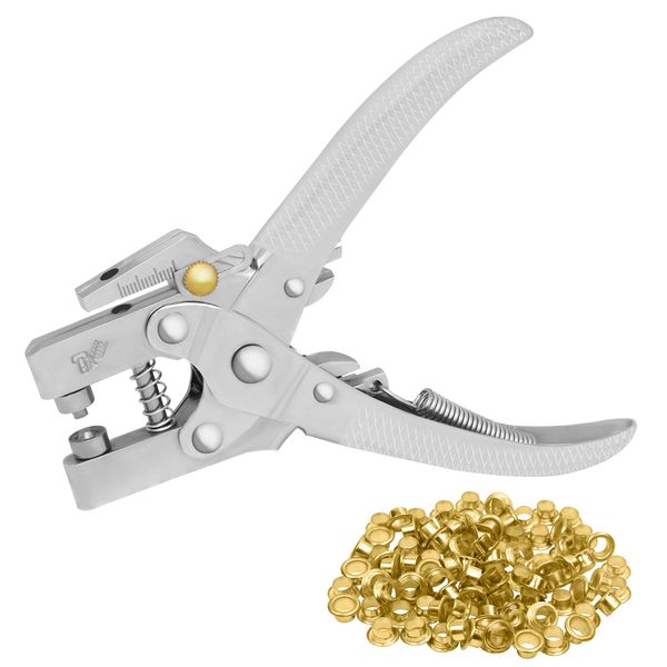 Kurtzy Eyelet Hole Punch Pliers Kit with 100 Eyelets - 16cm/6.3 Inch Leather Belt Grommet Tool - 7.2mm Gold Metal Grommets - Plier Puncher Set for Fabric, Clothes, Shoes, Bags and Crafts