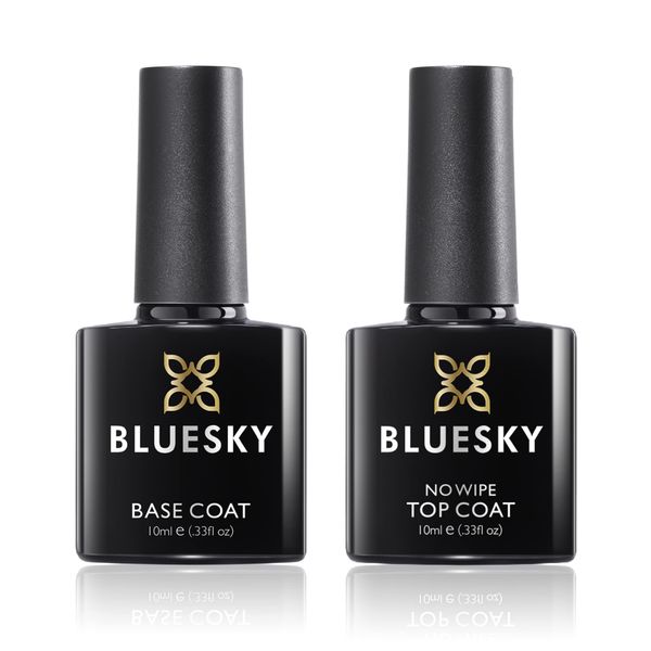 BLUESKY No Wipe Top and Base Coat (10 ml), Long-Lasting, Shiny Finish, Suitable for Artificial and Natural Nails, Easy to Use Under UV or LED Lamp