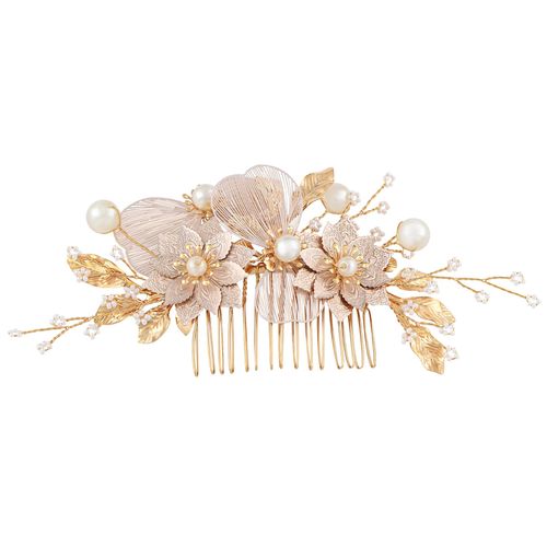 Alilang Bridal Wedding Flower Leaves Pearl Butterfly Headpiece Crystal Rhinestone Hair Accessory Hair Side Comb For Women, Gold