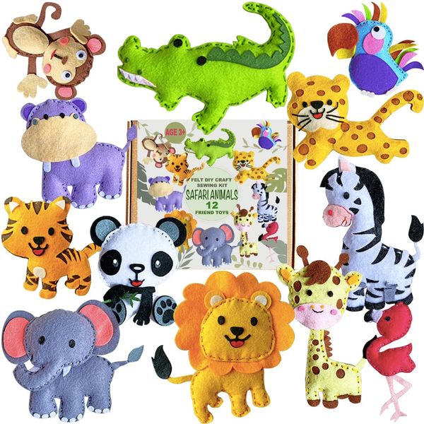 MOVEBO Sewing Kit for Kids, Fun and Educational safri Animal Craft Set for Boys and Girls Age 7-12, Sew Your Own Felt Animals Craft Kit for Beginners, 12 Toys Set