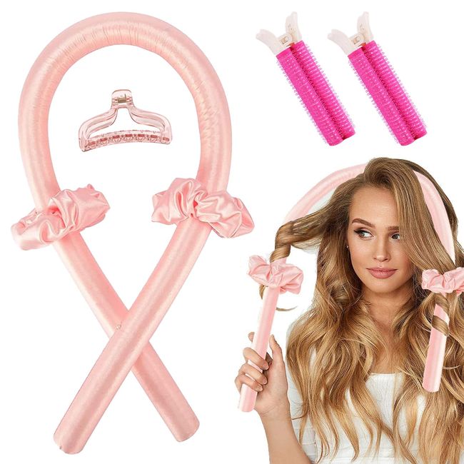 DKDDSSS Heatless Curlers Headband, Heatless Curling Rod Headband, Overnight Heatless Soft Curls, No Heat Hair Curlers with Accessories, Heatless Curlers for Long and Short Hair (Pink)