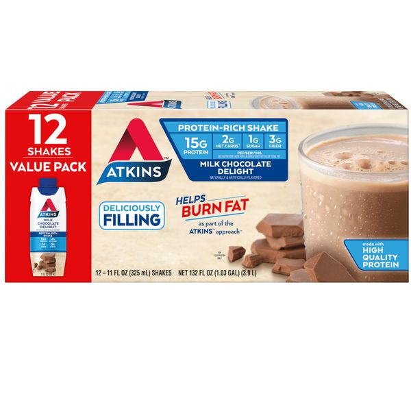 Atkins Milk Chocolate Delight Protein Shake, 15g Protein, Low Glycemic, 2g Net Carb, 1g Sugar, Keto Friendly, 12 Count