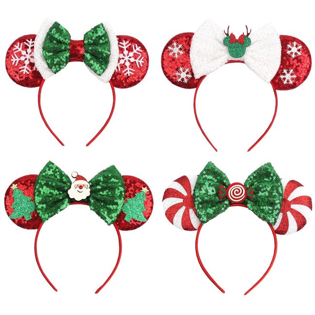 LSHDXD 4pcs Bulk Christmas Snowflake Headband Mouse Ears Bow Headbands for Women Girls, Glitter Sequins Mouse Ears Hair bands Headband Hair Hoopfor Christmas Princess Cosplay Costume Party