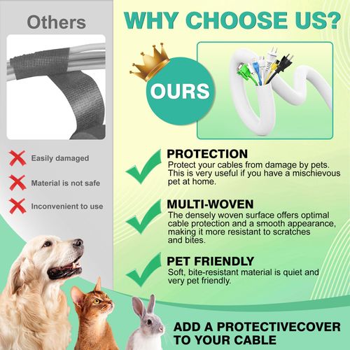 REFLYING Dog and Cat Cord Protector 3 Meters-12.7mm, Cable Tidy Sleeve, Protect Wires from Pets Chewing, Expandable Braided Cable Management Sleeve, Cable Wrap Cord Protector, White