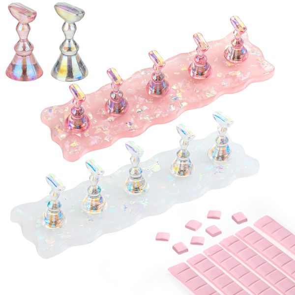 Piriuuo 2 Sets Nail Stand for Press On Acrylic Nail Display Stand Nail Art Practice Holder Magnetic Nail Tips Holder DIY Nail Crystal Holders with 96Pcs Pink Reusable Adhesive Putty for Home and Salon