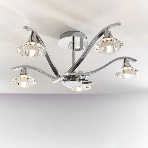 Luna Decorative Silver Chrome 5 Way Branch Arm Semi Flush Pendant Ceiling Light with Clear Crystal Glass Shades 550mm