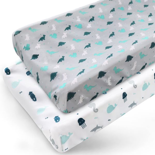 Changing Pad Cover for Boys Girls 2 Pack, Comfy & Breathable Changing Table Cover for 32''x16" Changing Table Pads, Diaper Changing Pad Cover, Dinosaurs & Ocean