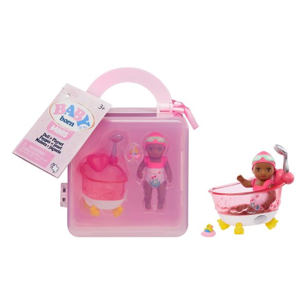 Baby Born MINIS Playset - Deep Skin Tone Doll with Brown Eyes, Bathtub & Rubber Duck Accessory, Includes Reusable Carrying Case for On-The-Go Playtime