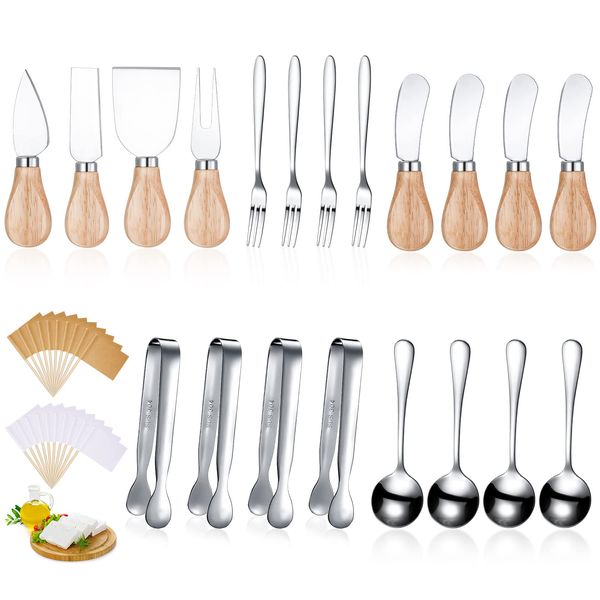 Charcuterie Board Accessories Spreader Knife Set Cheese Butter Spreader Knife Charcuterie Utensils with Wooden Handles Mini Serving Tongs Spoons Forks for party Wedding Christmas (Silver, 20 Pieces)