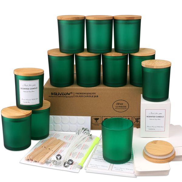 MILIVIXAY 12 Pack 10 OZ Matt Green Glass Candle Jars with Lids and Candle Making Kits - Bulk Empty Candle Jars for Making Candles - Spice, Powder Containers.