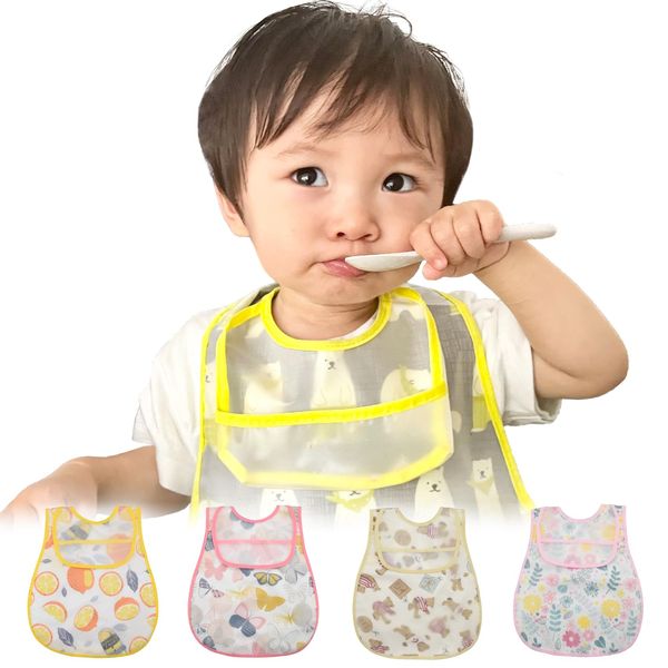 BMC bib. Meal Apron, Sleeveless, Top Pocket, Set of 4, [Nursery Teacher Recommended Meal Apron] with Name Tag, Baby Food Spill Guard, Waterproof, Baby, B Set