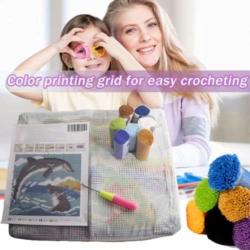 Gift2U Latch Hook Kit, Double Dolphin DIY Throw Pillow Cover Sofa Cushion Cover Latch Hook Rug Kit 16X16 inch Animal Pattern Paint Embroidery