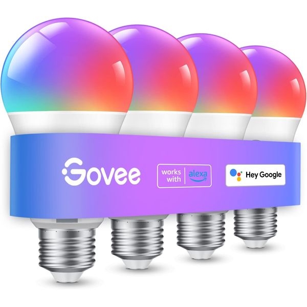 Govee Smart Light Bulbs, Color Changing Light Bulb, Work with Alexa and Google Assistant, 16 Million Colors RGBWW, WiFi & Bluetooth LED Light Bulbs, Music Sync, A19, 800 Lumens, 4 Pack