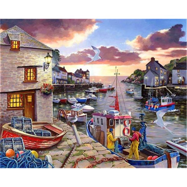 CaptainCrafts Paint by Number DIY Oil Painting Paint by Numbers Kits for Adults Beginner Canvas Acrylic Arts Craft for Home Wall Decor Drawing 16x20 Inch Harbor Boat Scene (Frameless)