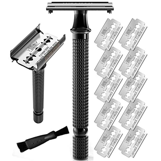 SHAVING REVOLUTION Long Handle Double Edge Safety Razor - Butterfly Open Razor 10 Japanese Stainless Steel Double Edge Blades - Close, Clean Shaving Razor Men, Black Long Handle, 12 Piece Set