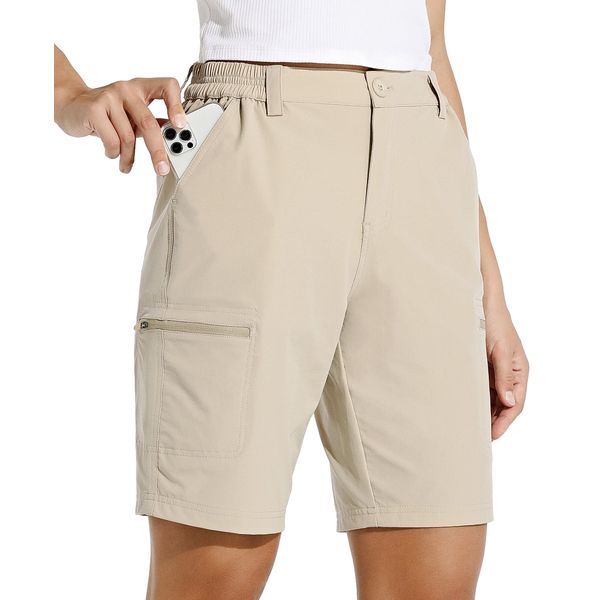 WILLIT Damen 10" Cargoshorts Wanderhose Stretch Golf Aktiv Lang Shorts Schnelltrocken Wander Outdoor Leichte Sommer Reise Shorts Khaki M