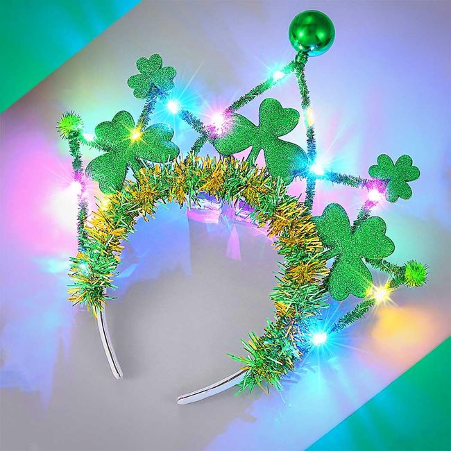 JONKY St Patricks Day Light Up Headbands Green Shamrock Crown Headpiece Irish Led Tiara Holiday Costume Party Hair Band Saint Patricks Day Hair Accessories for Women and Adults