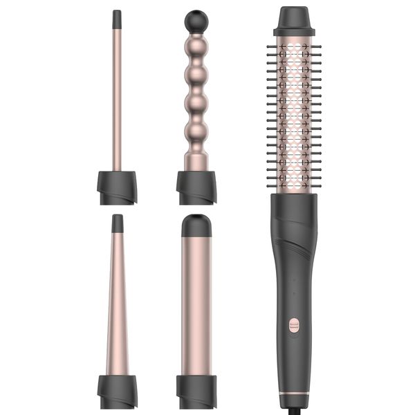 5 in 1 Curling Wand Set, Lopeie Curling Iron with New Upgraded Curling Brush and 4 Interchangeable Ceramic Curling Wand(0.5”-1.25”), Fast Heating, Include Heat Protective Glove & 2 Clips & Hair Brush