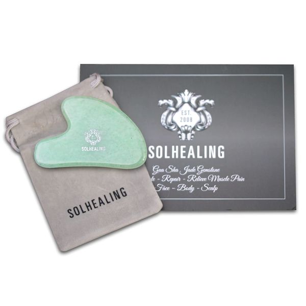 Sol Healing Gua Sha Jade Stone Scraping Massage Tool for Skin Rejuvenation, Reduce Ageing, Puffiness & Wrinkles, 100% Natural Green Guasha Jade for Facial Acupuncture Therapy Treatment