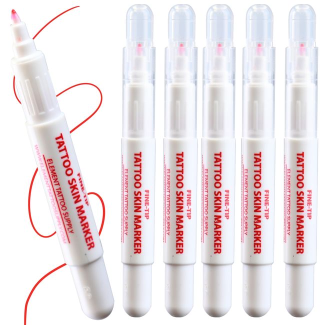 ELEMENT TATTOO SUPPLY - Red Thin Tattoo Stencil Skin Markers - Color Red - Disposable - Thinner Tip - Skin Scribe - for Freehand Tattoos - 5 Markers - Pre -Purple