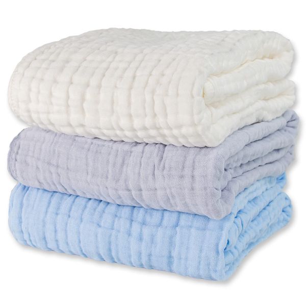 WinReal Muslin Baby Bath Towels Set 3 Pack Ultra Soft and Absorbent Baby Towels Infant Toddler Blanket Towel 6-Layer Natural Cotton Towel Suitable for Girl Boy 40x40 inches (White&Blue&Grey)